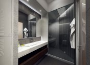 керамическая плитка в ванной,    душевая в стиле минимализм, современный унитаз