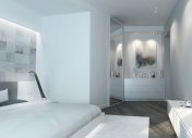 интерьер спальни в стиле минимализм, hi-tech, 3d визуализация спаьни