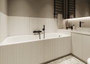 M5 Architects, дизайн маленькой ванной, интерьер ванной комнаты в теплых тонах