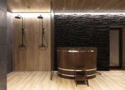 купель в дизайне банного комплекса, стильный банный комплекс, душевая на двоих