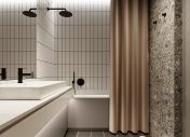 дизайн ванной комнаты в квартире, интерьер ванной в ЖК комфорт парк, штора в ванной