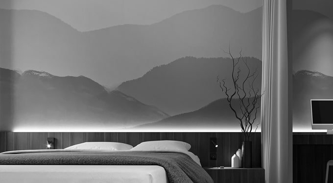 дизайн квартиры в ЖК комфорт парк, студия М5, фотообои в спальне
