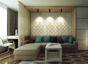 гостиная, ковер Ikea, 3d панели, диван в интерьере