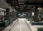 интерьер бара в стиле лофт, наливной пол в интерьере, дизайн офисов миснк