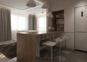 барная стойка, дизайн барной стойки, необычная барная стойка, разделение пространства барной стойкой, объединение кухни и гостиной, общая кухня, светильники над столом, столешница из массива дерева, п