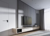 ТВ зона в гостиной, консольная полка в дизайне, ЖК комфорт парк, Дверь невидимка в интерьере, серый цвет стен