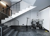 колясочная в подъезде, стильные ограждения лестничной клетки, лестничная клетка
