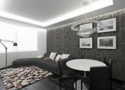 цветной ковер, черно-белый интерьер, 3d визуализация
